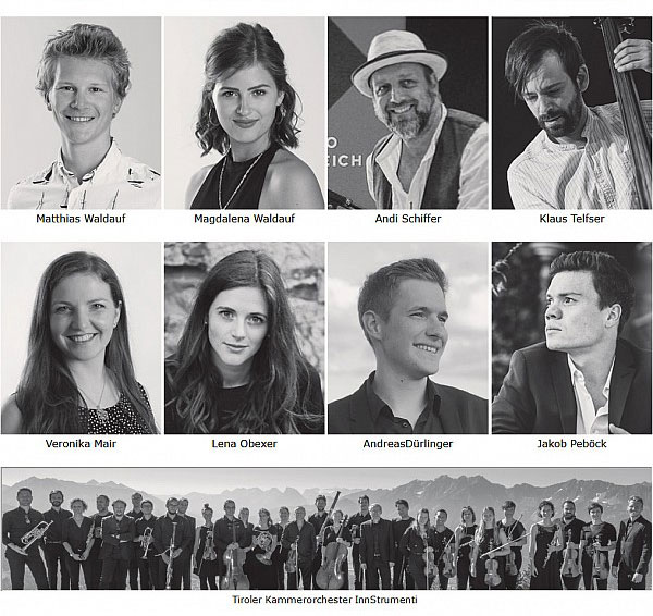 Collage von Portraits der Mitwirkenden der CD "Erlebnis Konzert" des Tiroler Kammerorchesters Innstrumenti und einem Gruppenfoto des Orchesters.