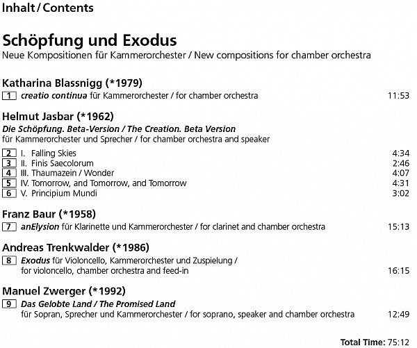 Inhaltsangabe der CD "Schöpfung und Exodus" des Tiroler Kammerorchesters Innstrumenti